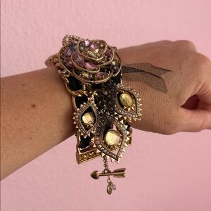 Golden Statement Bracelet with Pink and Iridescent inspired Stones